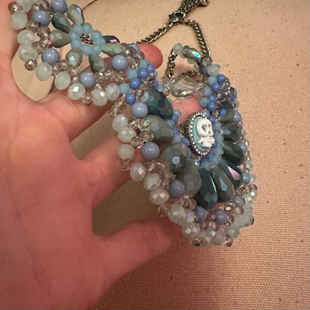 Betsey Johnson Lady Lock Skull Blue Beaded Vintage Necklace Large - Picture 3 of 13